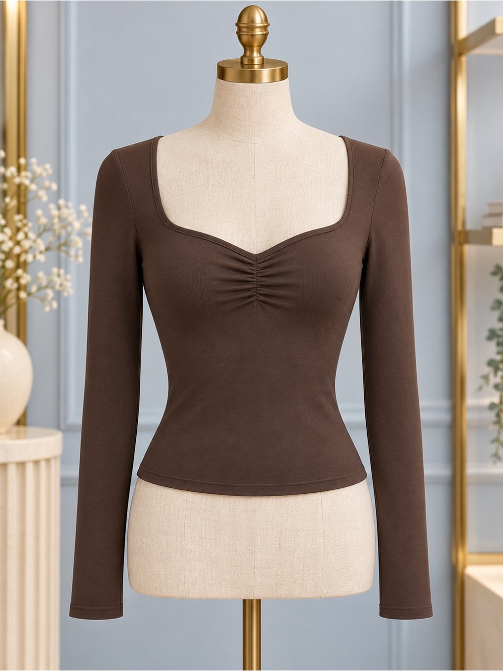 Classic Square Neck Long Sleeve Top - Brown NWT